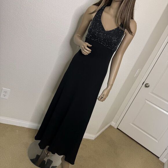 Bieff Basix Long Dress Sz 4 Black Silk Beaded Evening Formal Gown Dark Romance - Picture 2 of 11